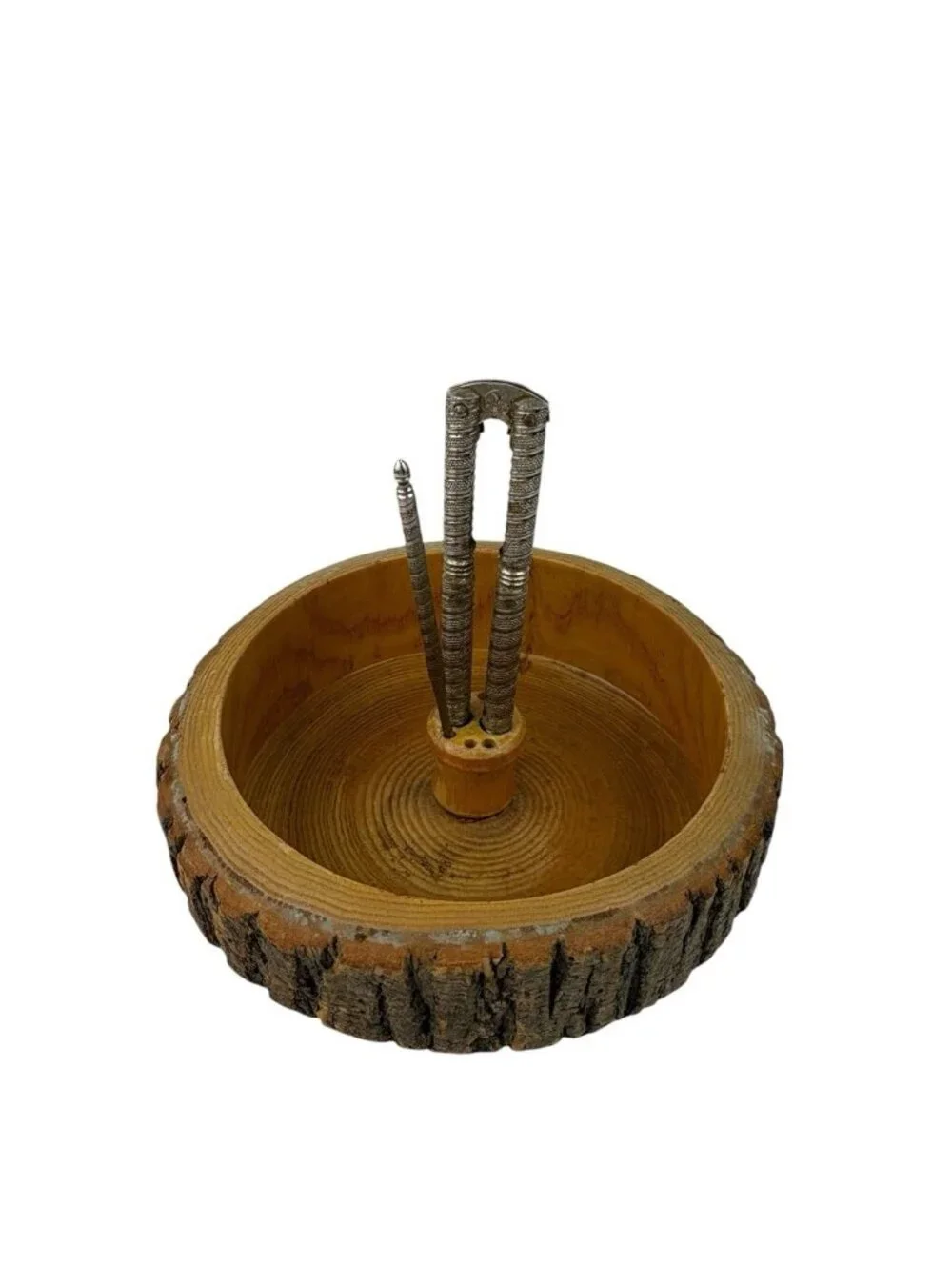 *Vintage Bark Nut Bowl Round Wooden Picks Nut Crackers Rustic Retro